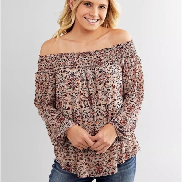 Day Trip Size Medium Mesh Off the Shoulder Top Neutral Floral Boho Prairie Fall - Picture 1 of 8